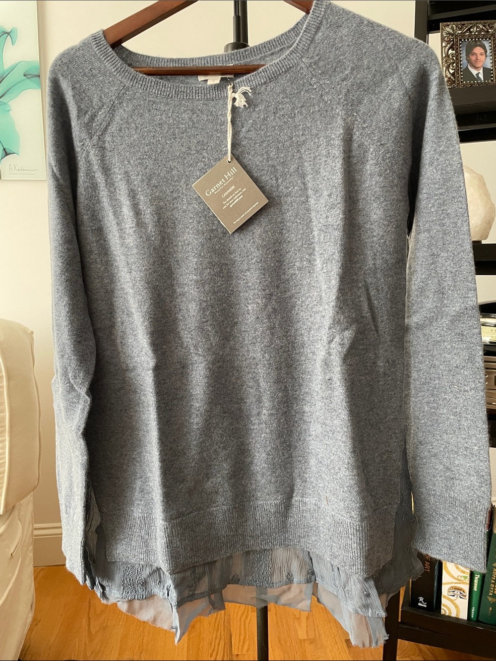 Garnet Hill Gray Cashmere-Blend Sweater with Layered Hem